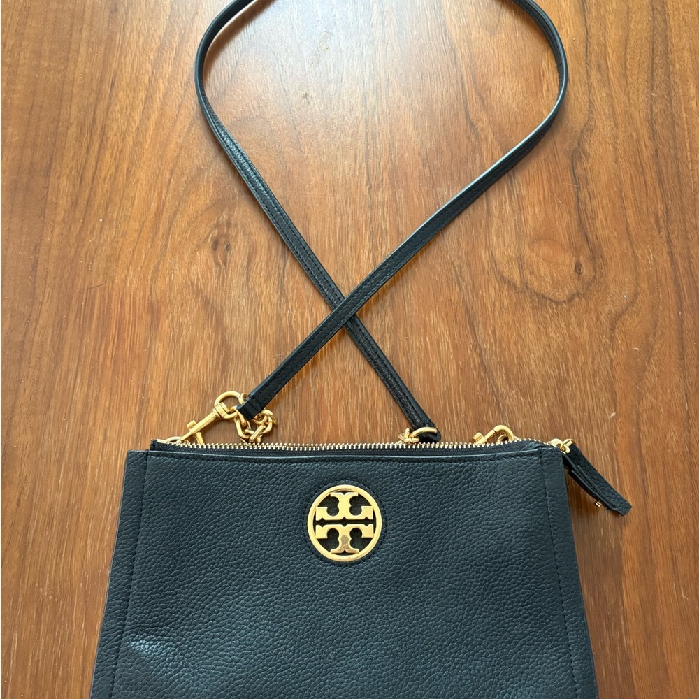 Tory Burch Black Leather Crossbody Bag with Gold Logo